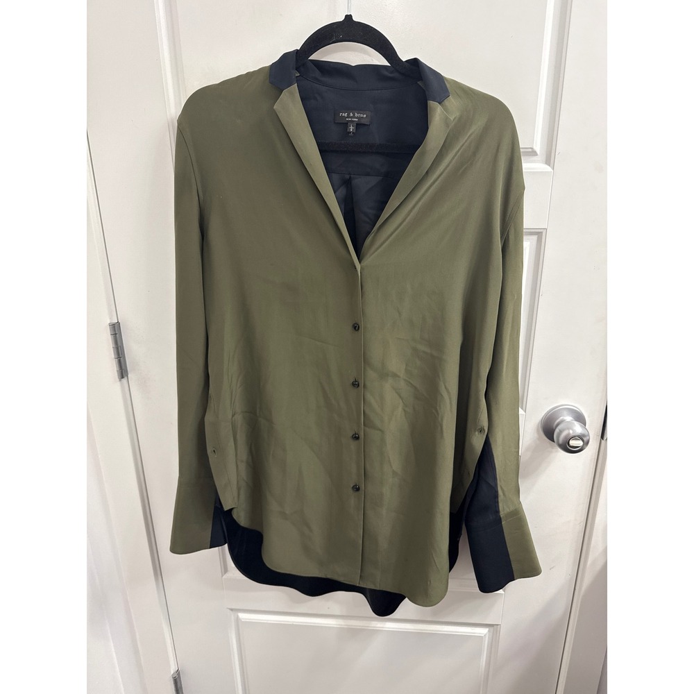 Rag & Bone Silk Colorblock Button Down Blouse Olive Green Black Size Large